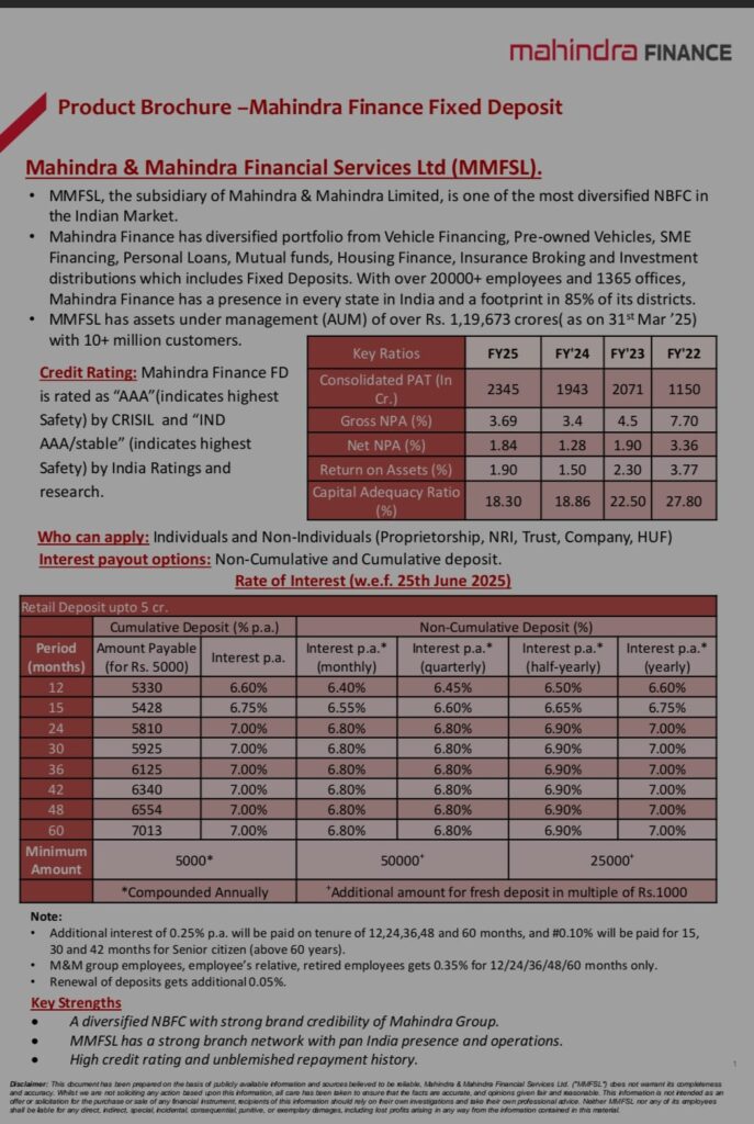 Mahindra Finance Fixed Deposit Rates effective 25 June 2026